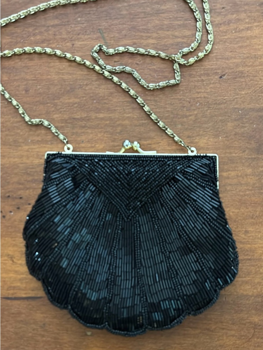 Vintage Black Beaded Evening Clutch with Gold Chain